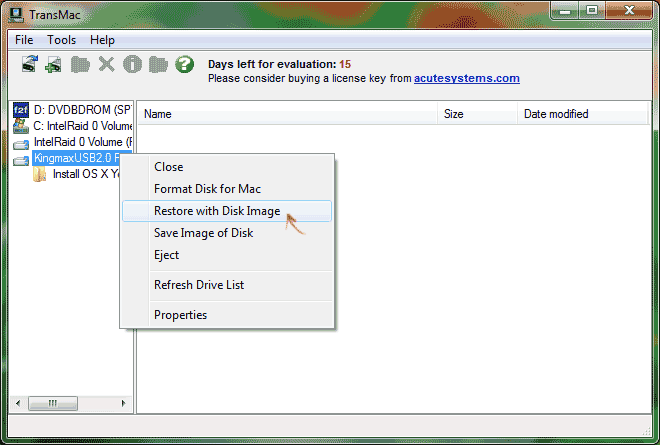 Для заливки нужного DWG файла в программе TransMAC выбираем нужный накопитель - контекстное меню и в нём - Restore Disk Image to Drive