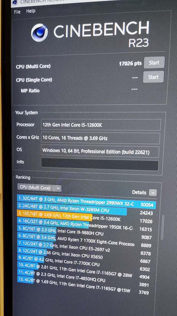  Intel Core i5 12600k в тесте Cinebench R23 набирает 17000 баллов. 